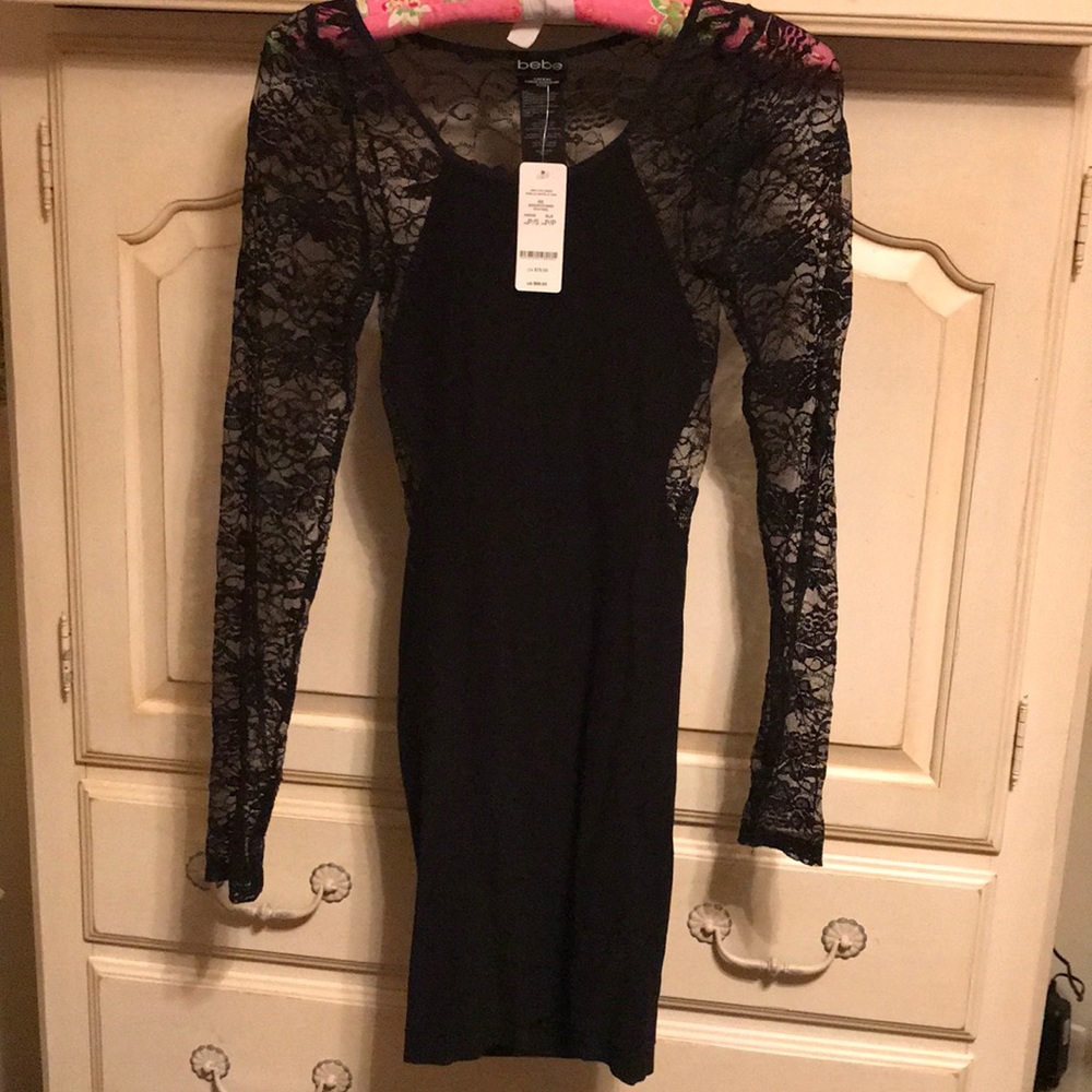 Bebe black dress with lace sleeves